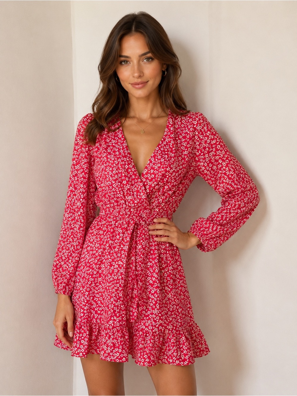 Dynamite Red Floral Wrap Long-Sleeve Mini Dress